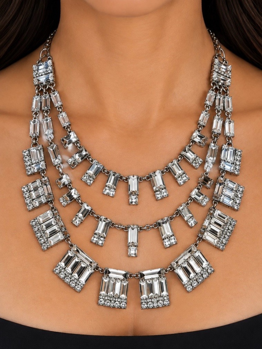 Sparkling Multi-Layer Silver Crystal Statement Necklace
